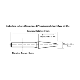 Fraise lime carbure conique bout rond diamètre 3 Forme L (KEL)