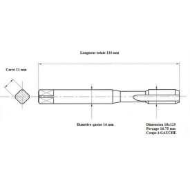 Taraud pas métrique fin 18x125 GAUCHE