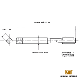 Taraud pas métrique fin 18x125 GAUCHE