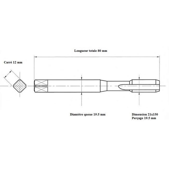 Jeu de tarauds à main, filetage régulier ISO métrique, 3 unités, Filetage :  M30, Pas 3,50 mm, Long. totale 125 mm, queue Ø 22 mm - Outillage INDUSTRIE  SAS